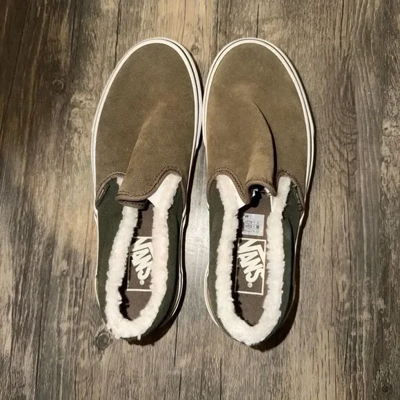 Vans Classic Slip-On Brown Suede Faux Fur Skate Shoes Women’s 8 Mens 6.5 - Picture 1 of 6